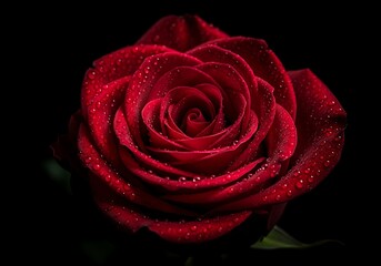 A single perfect red rose with water droplets on its petals, set against a dark, moody background, symbolizing love and beauty