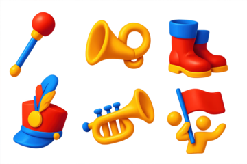 Festival Parade Icons. 3D icon set of festival parade: drum major baton, brass horn, marching boots, feather hat, trumpet, flag