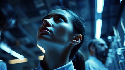 Scientific Focus: A determined individual in a science setting, looking upwards with focused intent. The atmosphere is filled with a sense of innovation and discovery.