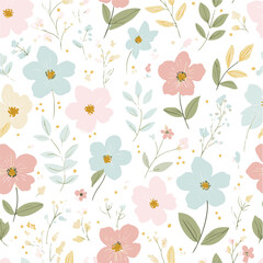 Cute floral seamless pattern in pastel colors. Vector illustration with pink, purple, and teal flowers. Spring background for fabric and wallpaper.