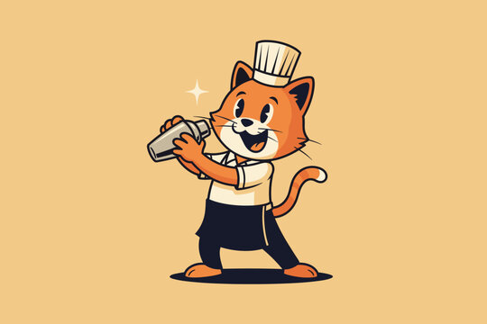 Cute cartoon cat chef making a cocktail with a shaker.
