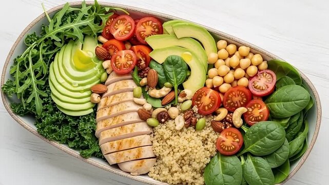 A vibrant and meticulously arranged healthy protein bowl is presented from a top-down perspective, showcasing a colorful medley of fresh, nutritious ingredients. Slices of grilled chicken breast are n