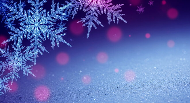 Detailed snowflakes with fractal pattern on blue background, sparkling like crystal, representing winter, festive atmosphere, and the beauty of geometric form - Powered by Adobe