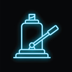 Blue glowing neon icon of a hydraulic jack lifting heavy equipment, isolated on a black background