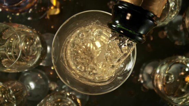 Super Slow Motion Shot of Pouring Champagne with Camera Motion Upwards at 1000fps.