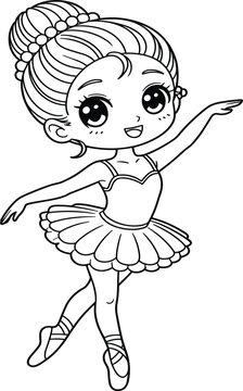 Cute little kawaii ballerina girl dancing black and white outline vector, happy children's coloring page cartoon character illustration design