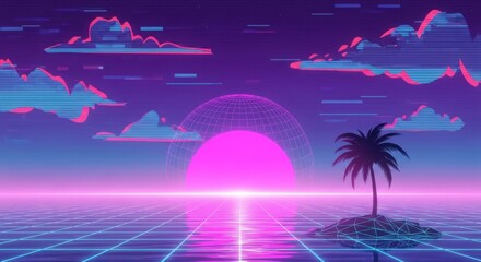 Vibrant retro sunset over a digital ocean with a palm tree island