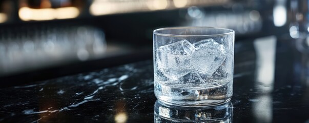 Elegant glass with ice on bar counter.