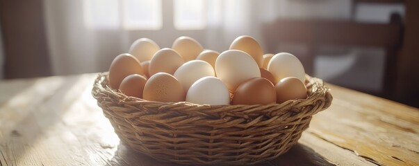 Displaying fresh eggs in wicker basket.