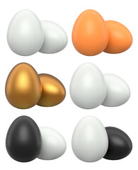 Black, gold and white eggs placed side by side isolated on white transparent background.