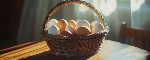 Displaying fresh eggs in wicker basket.