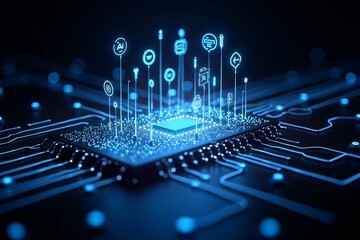 Futuristic chip glowing blue, surrounded by floating data icons on circuit board. Sleek tech design, dark background highlights digital innovation.