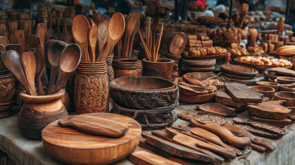 "Kitchen wooden utensils displayed at an artisan market, featuring a variety of handcrafted pieces and decor items. A showcase of wooden crafts, sustainable kitchenware, and eco-friendly design."