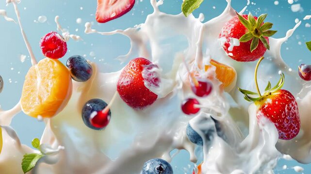 Vibrant fruit and yogurt explode with sparkling droplets; macro detail delivers irresistible freshness for beverage spots, healthy living channels, recipe videos, smoothie brands.