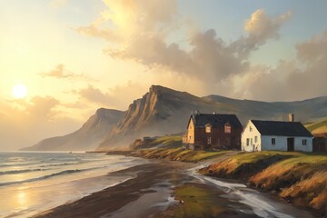 A serene coastal scene at sunset, featuring rustic wooden houses perched on a rocky island between calm waters and distant mountains. Two small boats rest nearbyone red-and-white, one bluereflecting t