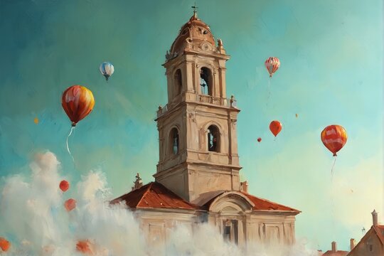 A grand, historic church tower stands tall against a vibrant blue sky as fireworks burst in the distance, adding festive sparkle to the scene. The golden stone architecture contrasts beautifully with