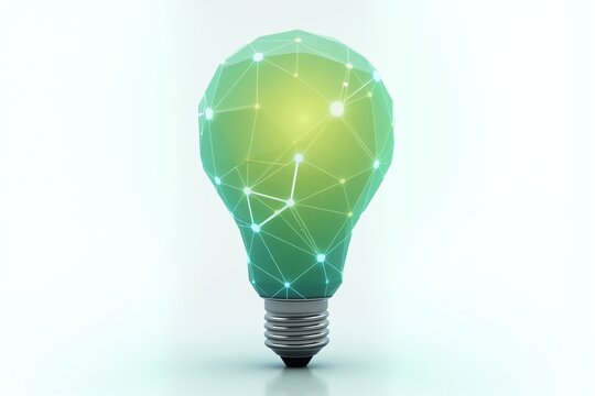 Green lightbulb with geometric network design, symbolizing innovation and sustainable energy in minimalist studio setting.