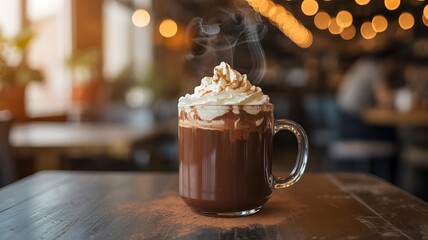 Hot chocolate with whipped cream in a glass mug on wooden table