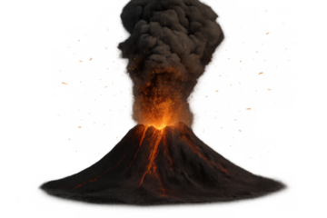 Volcano erupting forcefully, spewing hot lava down its slopes and dark smoke into the sky, on transparent background