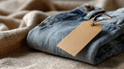 Denim jeans folded with blank kraft tag on linen fabric, calm minimal product mockup for retail branding, pricing, and ecommerce catalog