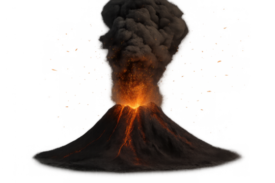 Volcano erupting forcefully, spewing hot lava down its slopes and dark smoke into the sky, on transparent background