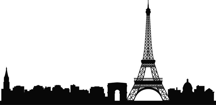 Paris city skyline silhouette vector illustration, Eiffel Tower and Arc de Triomphe landmark architecture, France cityscape black graphic design
