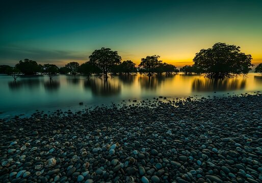 Silhouetted mangrove trees stand in calm water reflecting a vibrant sunset sky, with a rocky shore in the foreground, creating a serene tropical scene - Powered by Adobe