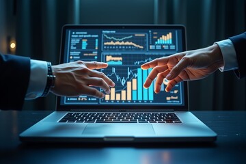 Hands typing on laptop, glowing data charts float above keyboard, futuristic tech interface in dark ambiance.
