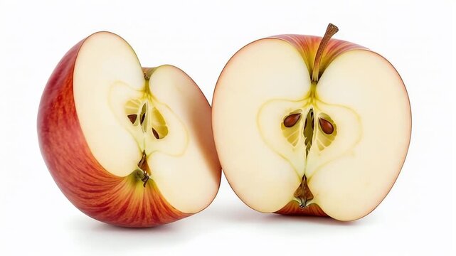 A vibrant red apple, expertly sliced in half, reveals its pristine white flesh, intricate core structure, and visible dark seeds. The crisp texture and natural freshness of the fruit are accentuated a