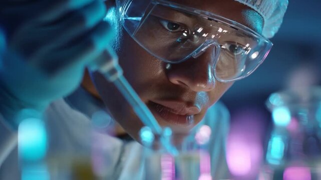 Scientist's Precise Study: Focused scientist meticulously studies the contents of a test tube using a pipette, illuminating the details of experimentation and scientific method.