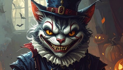 Creepy Cat Clown in Halloween Costume with Top Hat.