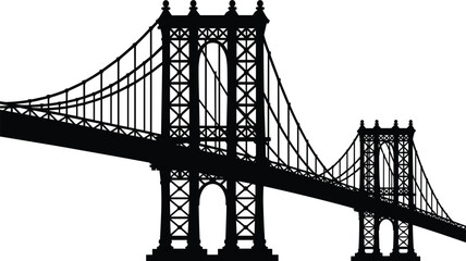 Manhattan Bridge New York City silhouette vector illustration, iconic US suspension bridge landmark graphic, urban architecture black design