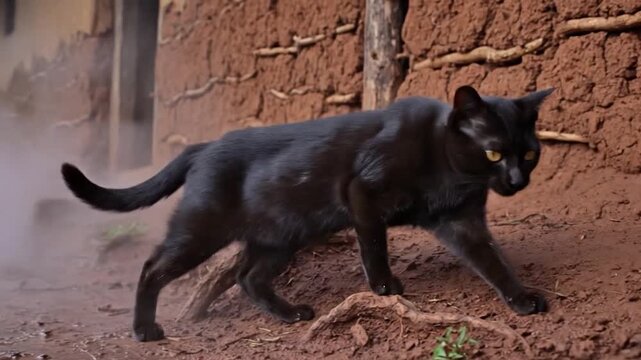 Black cat walking past rustic mud wall in dusty environment.
