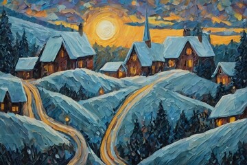A cozy winter village nestled in snow-covered hills, with warmly lit homes glowing against a vibrant twilight sky and golden sun setting behind the mountains. Serpentine roads wind through the snowy l