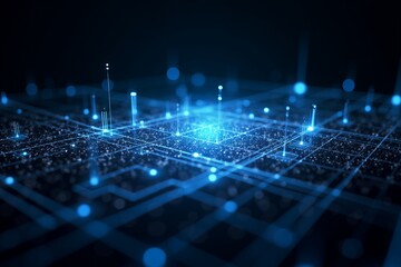 Blue digital data flows over futuristic circuit grid, glowing particles symbolizing advanced technology and innovation.