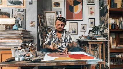 Contemporary artist works in a cozy studio stacked with canvases, brushes and graphic prints, creative focus and tactile mess radiating authentic craft; inspiring hobby footage ideal for workshops