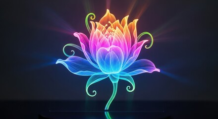 Vibrant glowing flower with rainbow hues and light rays