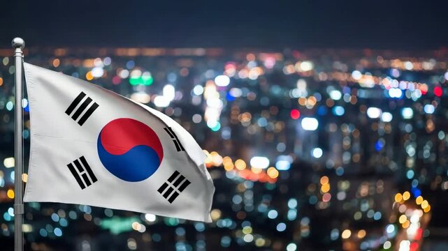 South Korea flag flapping in wind, over city lights at night. South Korean national pride concept with blurred cityscape bokeh. - Powered by Adobe