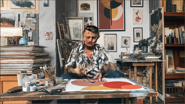 Contemporary artist works in a cozy studio stacked with canvases, brushes and graphic prints, creative focus and tactile mess radiating authentic craft; inspiring hobby footage ideal for workshops
