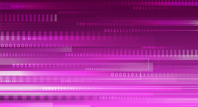 Vibrant magenta digital background with horizontal motion lines, binary code, and abstract tech elements creating a futuristic data-stream effect.
