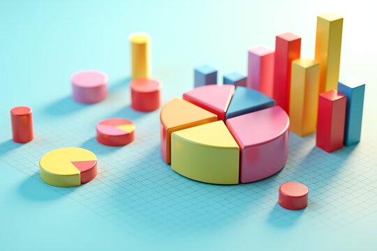 Colorful geometric charts and graphs on minimalist pastel background, modern data visualization design.