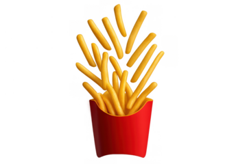 French fries flying out of a red cartoon paper box, golden potato sticks, fast food snack, isolated 3d rendering
