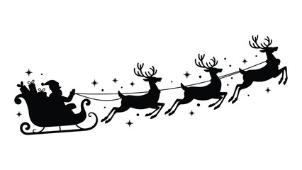 Silhouette of Santa Claus riding a sleigh pulled by reindeer with sparkling stars, classic Christmas holiday scene in elegant black vector design for festive decorations and artwork