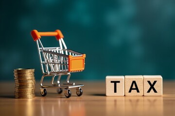 Mini shopping cart beside coins and "TAX" blocks, symbolizing retail taxation on consumer spending.