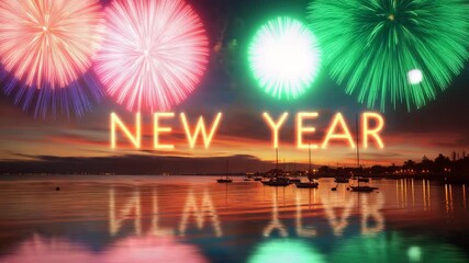 Festive New Years Eve fireworks display over a tranquil harbor vibrant celebration with reflections on the water perfect for holiday promotions