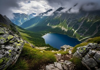 Dramatic view of a pristine alpine lake surrounded by lush green mountains under a cloudy sky