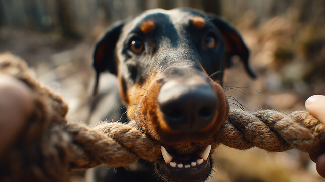 Doberman pinscher nibbles on a rope toy in the forest. Bright daylight highlights the dog's teeth and the texture of the rope.