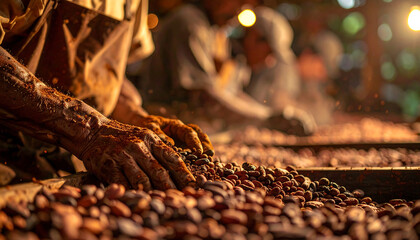 Expert hands sorting fresh cocoa beans with care, highlighting the rich tradition and skilled craftsmanship of chocolate making