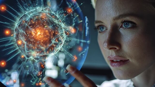 Scientist at Research: Captivating image of a scientist intently studying a complex scientific visualization. Deep in thought, she's surrounded by advanced technology in a high-tech lab setting.