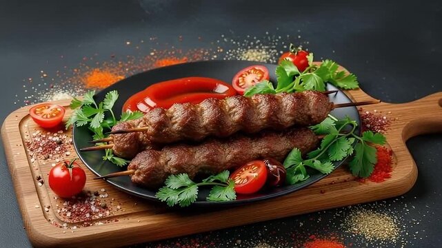 A visually appealing culinary arrangement featuring two succulent skewers of perfectly grilled ground meat, presented on a sleek black plate. The savory, well-browned meat is generously garnished with